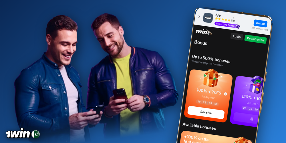 1Win bonus four-deposit staircase climbing to PKR 243,950 under a 500% badge