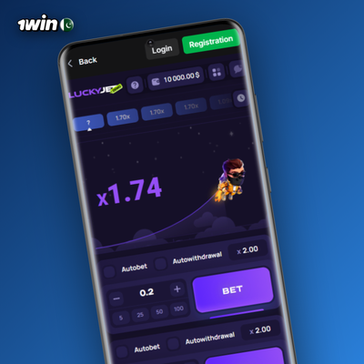1Win Lucky Jet auto-cashout feature with a preset target multiplier and green tick