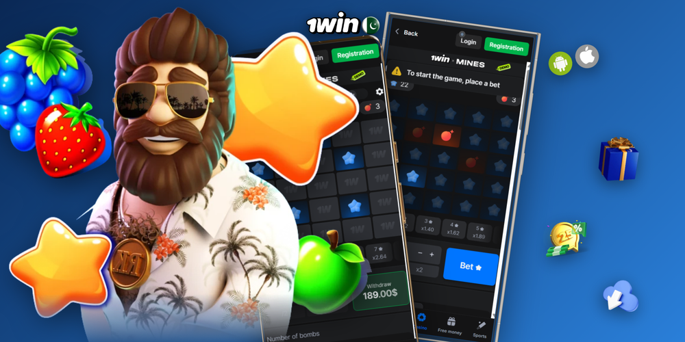 1Win Mines game interface with PKR 100 bet field and green Cash Out button