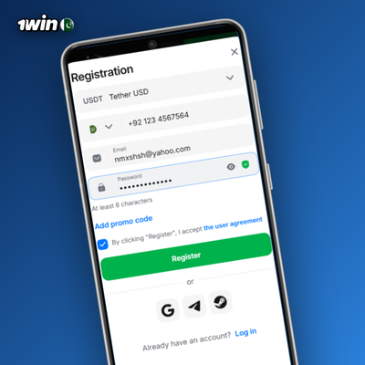One-click 1Win register option with PKR currency selection for Pakistan