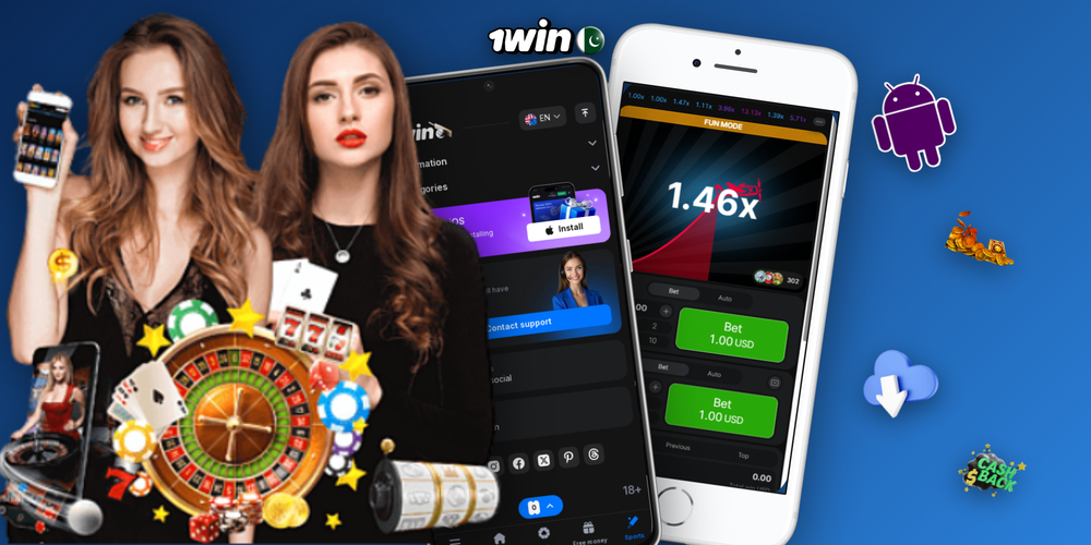 1Win Pakistan mobile app displayed on Android and iPhone for casino and sports
