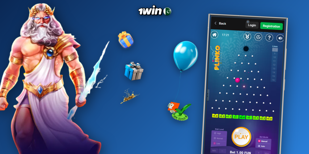 Plinko 1Win download and play step flow showing risk selection through ball drop