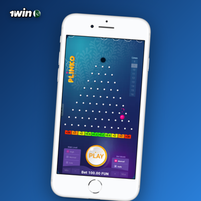 1Win Plinko game medium risk ball drifting toward an orange mid-range multiplier